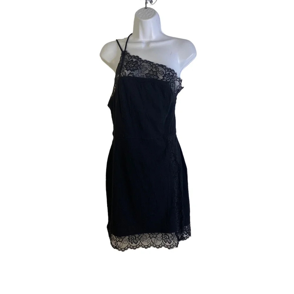 Free People Womens Premonitions Black Lace One-Shoulder Bodycon Slip Dress  SZ L